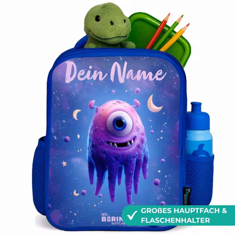 Vrolijk paarsoog in de ruimte Kinderrugzak - Blauw middel -inhoud_DE