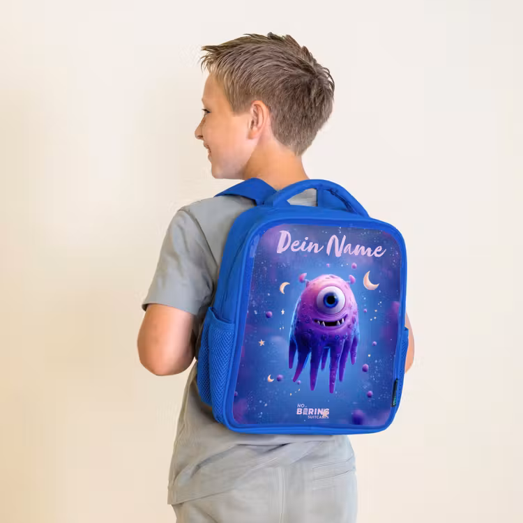 Vrolijk paarsoog in de ruimte Kinderrugzak - Blauw middel -sfeer2