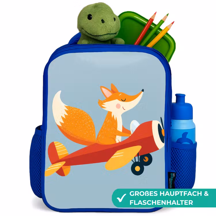 Vos - Vliegtuig - Blauw Kinderrugzak - Blauw middel -inhoud_DE
