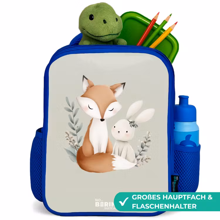 Vos en konijn omringd door groene blaadjes Kinderrugzak - Blauw middel -inhoud_DE
