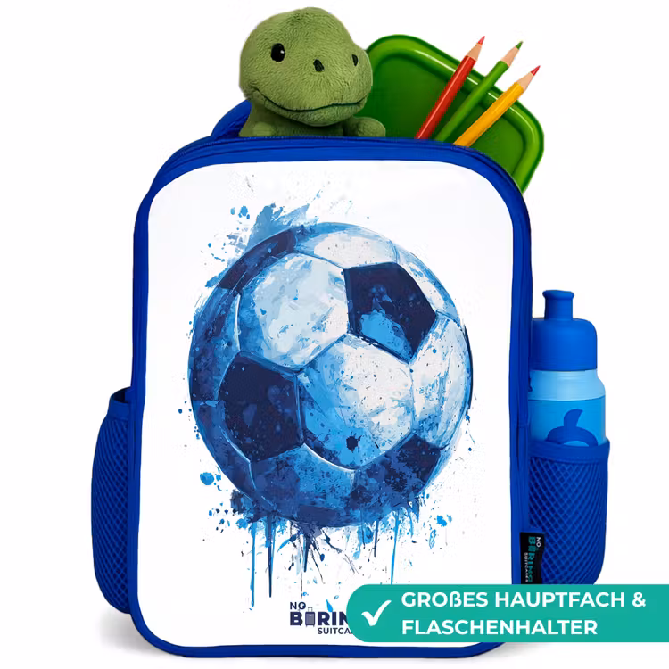 Voetbal - Inktspatten - Blauw - Bal Kinderrugzak - Blauw middel -inhoud_DE