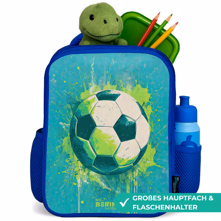 Voetbal - Verfspatten - Groen - Blauw Kinderrugzak - Blauw middel -inhoud_DE
