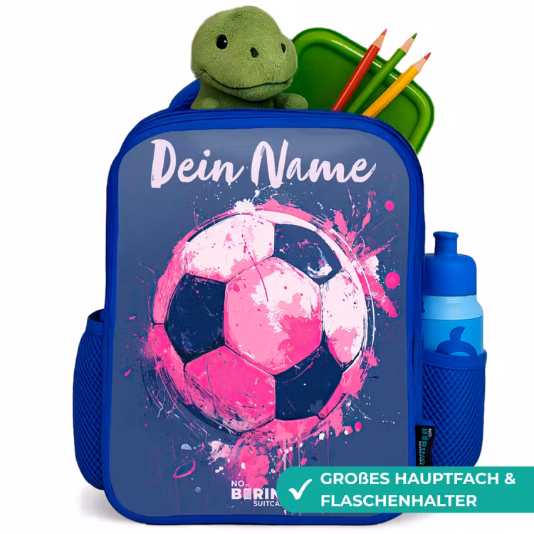 Voetbalvibes - Verf - Roze - Blauw Kinderrugzak - Blauw middel -inhoud_DE