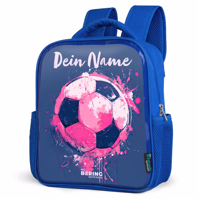 Voetbalvibes - Verf - Roze - Blauw Kinderrugzak - Blauw middel -schuin
