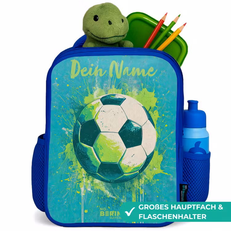 Voetbalvibes - Verfspatten - Groen - Blauw Kinderrugzak - Blauw middel -inhoud_DE