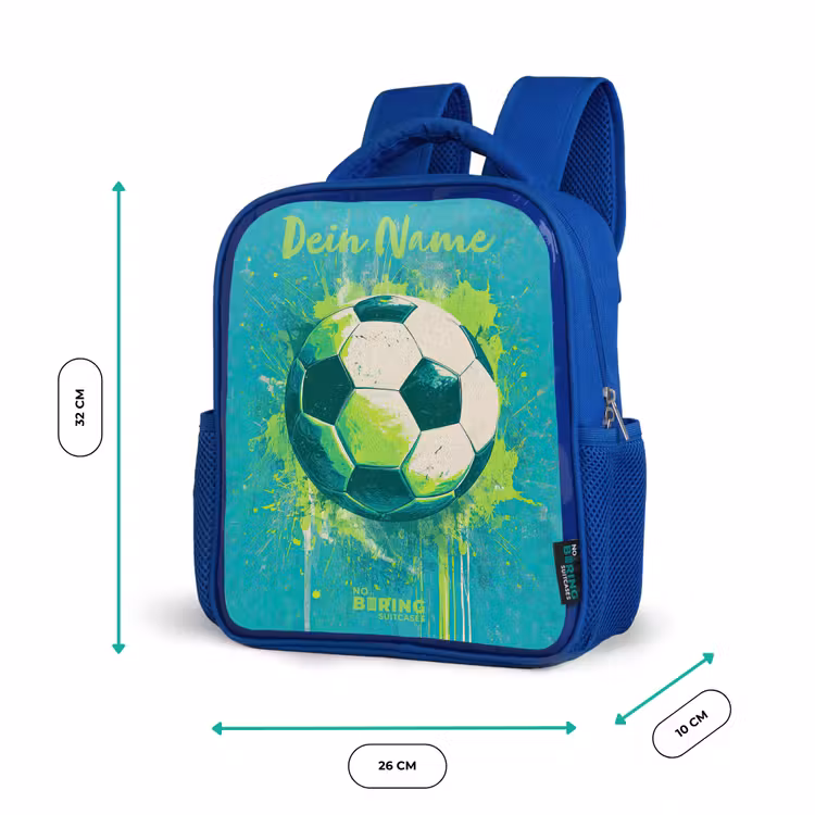 Voetbalvibes - Verfspatten - Groen - Blauw Kinderrugzak - Blauw middel -productfoto_formaten