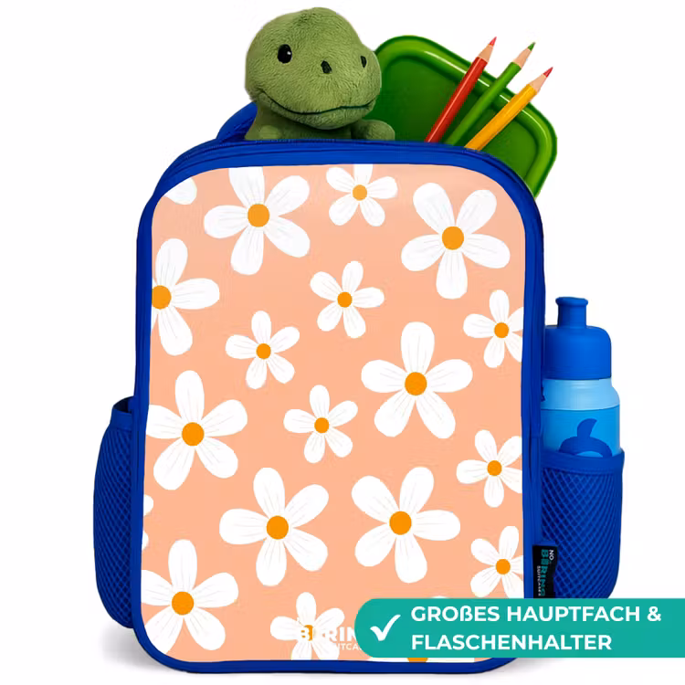 Madeliefjesmania perzik Kinderrugzak - Blauw middel -inhoud_DE