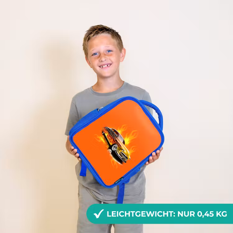 Gele auto met gele vlammen Kinderrugzak - Blauw middel -sfeer1_DE