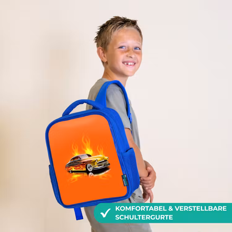 Gele auto met gele vlammen Kinderrugzak - Blauw middel -sfeer3_DE