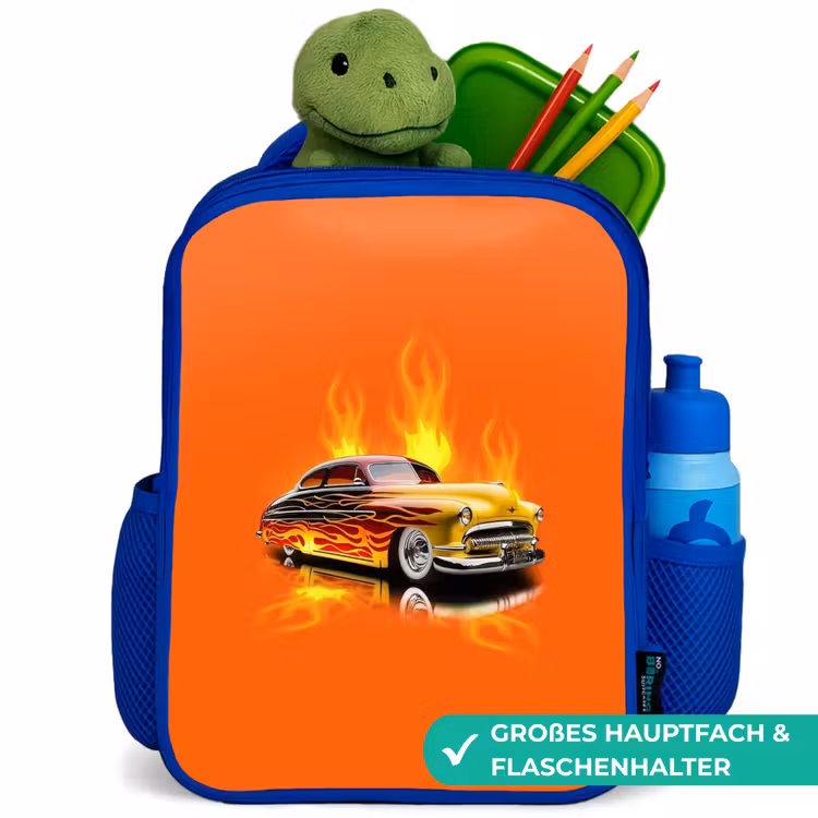 Gele auto met gele vlammen Kinderrugzak - Blauw middel -inhoud_DE