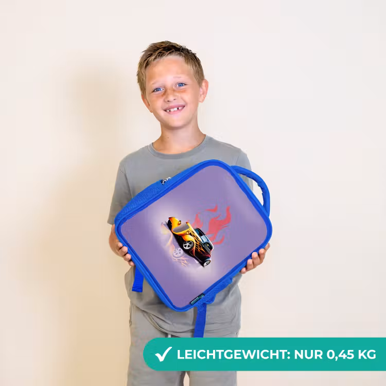 Gele auto met roze vlammen Kinderrugzak - Blauw middel -sfeer1_DE
