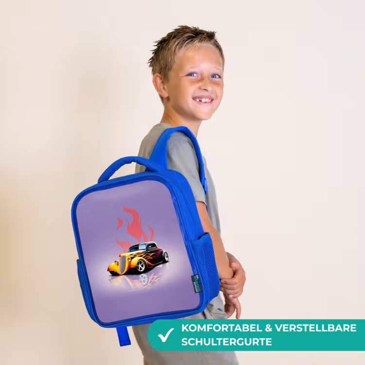 Gele auto met roze vlammen Kinderrugzak - Blauw middel -sfeer3_DE