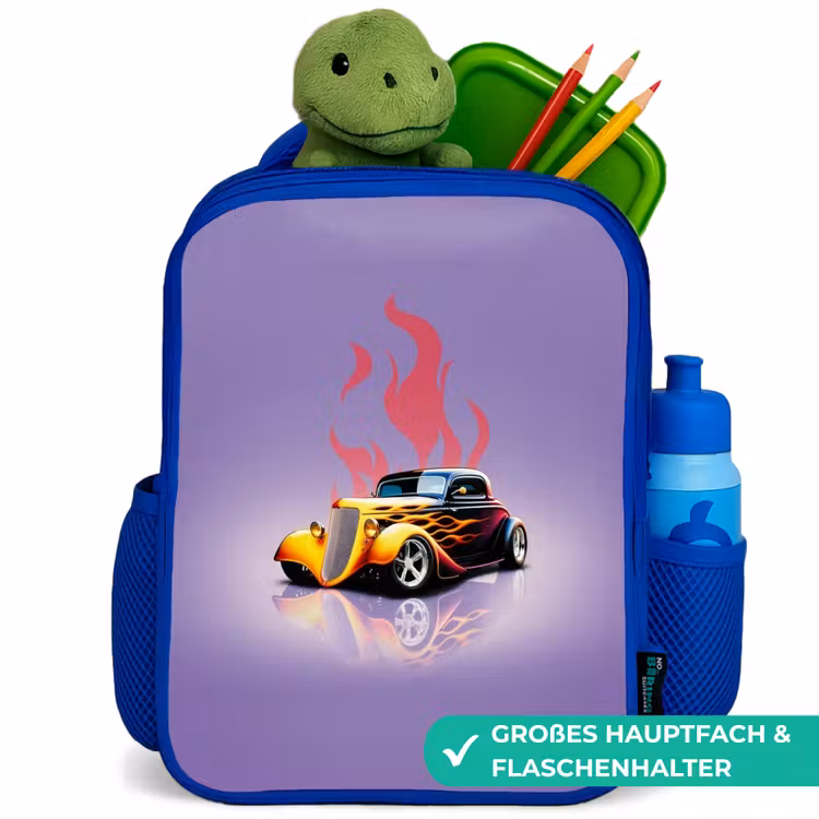 Gele auto met roze vlammen Kinderrugzak - Blauw middel -inhoud_DE