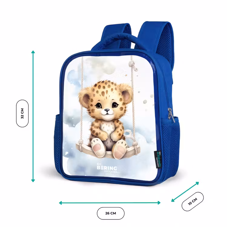 Cheeta welpje op een schommel in de wolken Kinderrugzak - Blauw middel -productfoto_formaten