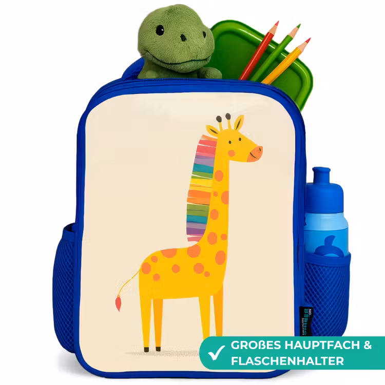Giraffe - Regenboogmanen - Beige Kinderrugzak - Blauw middel -inhoud_DE