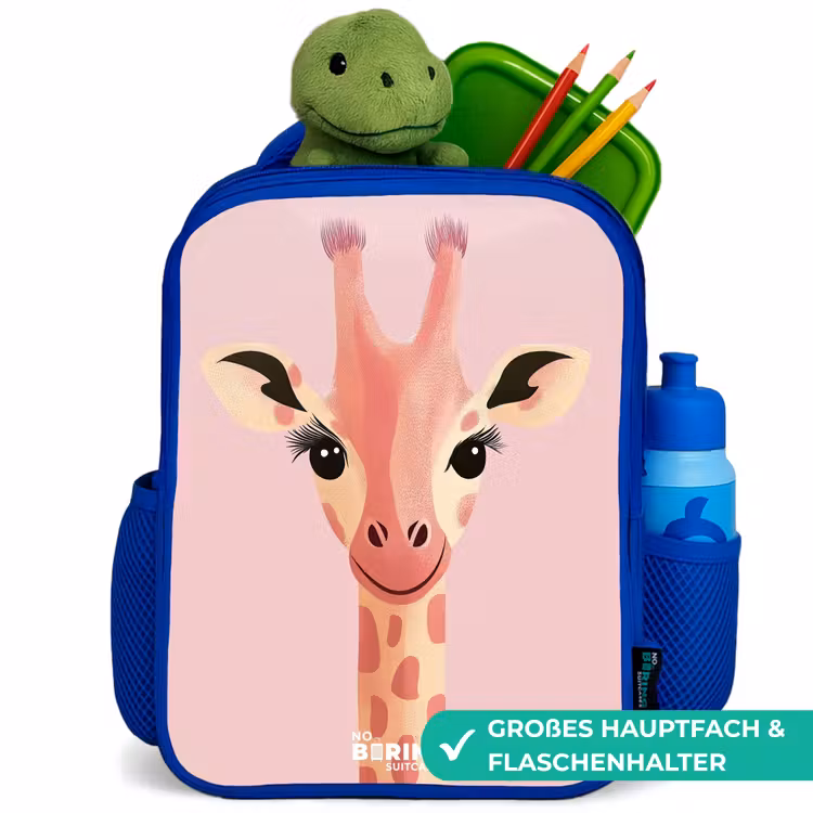 Giraffe - Wimpers - Minimalistisch - Roze Kinderrugzak - Blauw middel -inhoud_DE