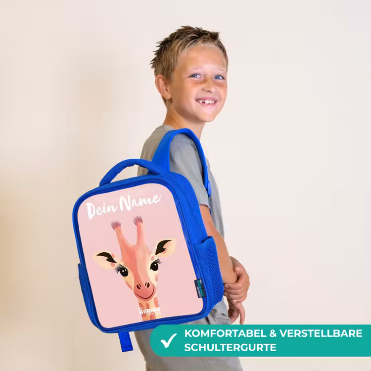 Giraffe - Wimpers - Minimalistisch - Roze Kinderrugzak - Blauw middel -sfeer3_DE