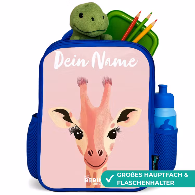 Giraffe - Wimpers - Minimalistisch - Roze Kinderrugzak - Blauw middel -inhoud_DE