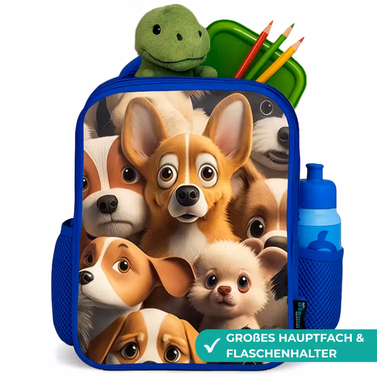Vrolijke Hondjes Kinderrugzak - Blauw middel -inhoud_DE