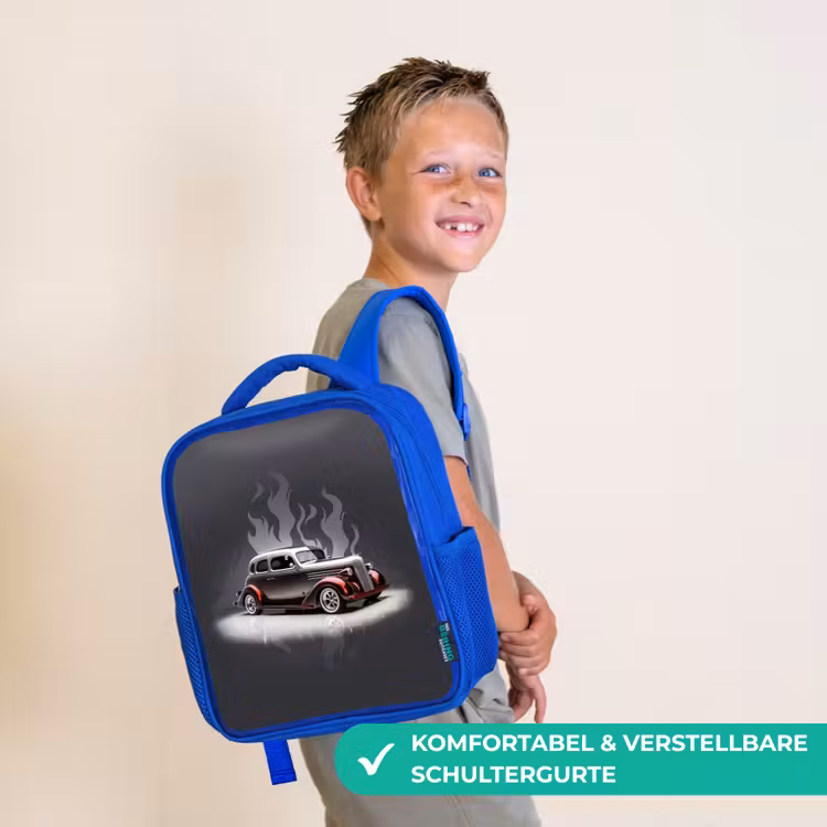 Grijze auto met grijze vlammen Kinderrugzak - Blauw middel -sfeer3_DE