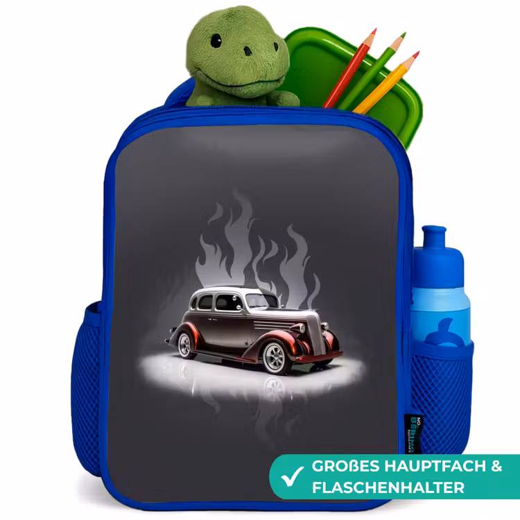 Grijze auto met grijze vlammen Kinderrugzak - Blauw middel -inhoud_DE
