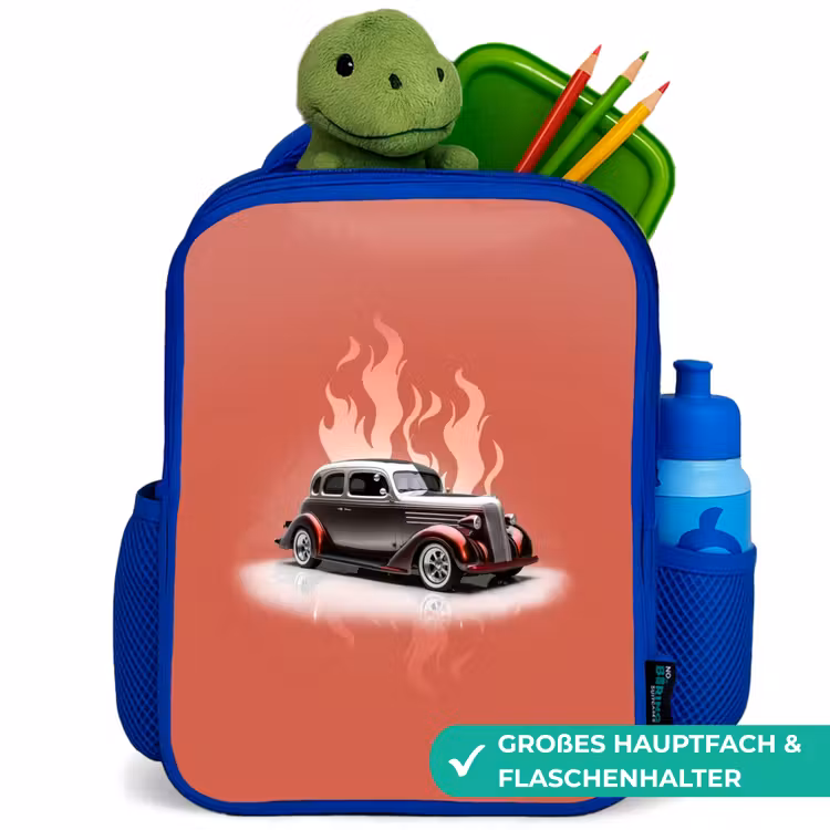 Grijze auto met roze vlammen Kinderrugzak - Blauw middel -inhoud_DE