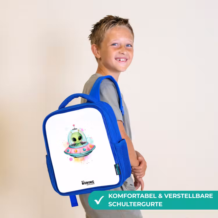 Groene alien in kleurrijke UFO Kinderrugzak - Blauw middel -sfeer3_DE