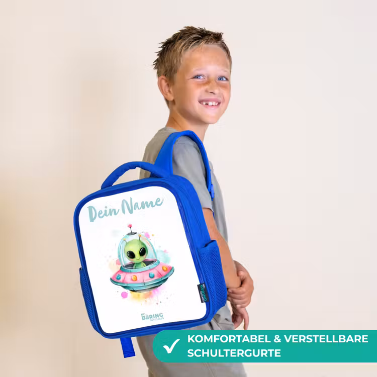 Groene alien in kleurrijke UFO Kinderrugzak - Blauw middel -sfeer3_DE
