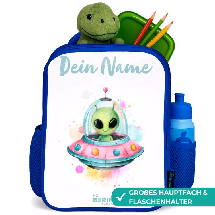 Groene alien in kleurrijke UFO Kinderrugzak - Blauw middel -inhoud_DE