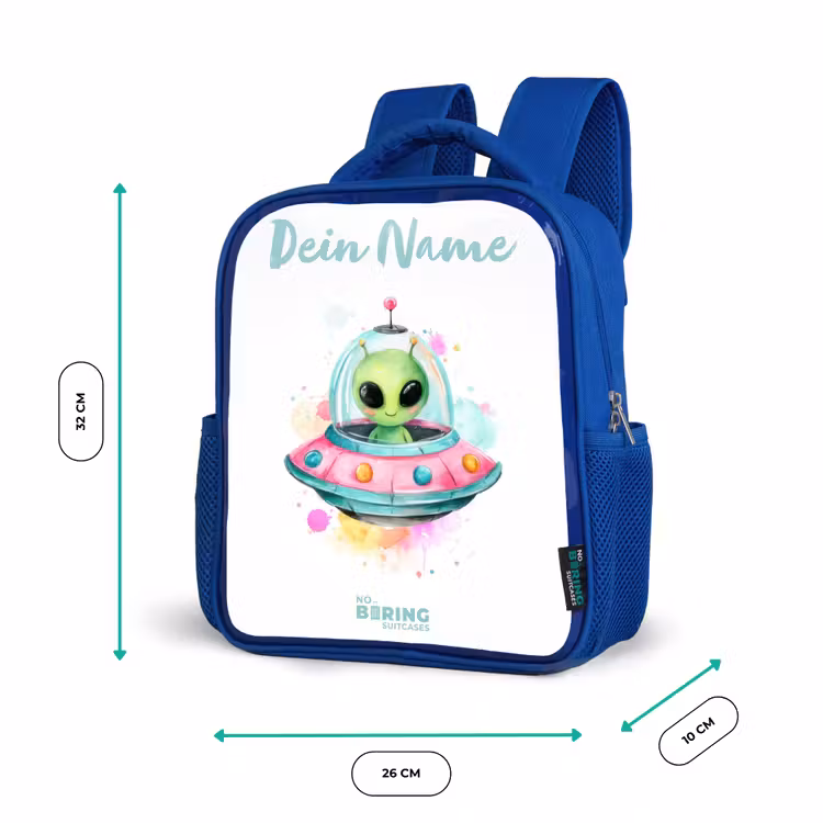 Groene alien in kleurrijke UFO Kinderrugzak - Blauw middel -productfoto_formaten