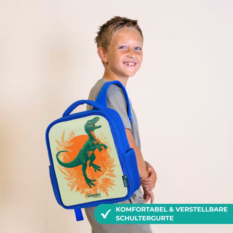 Groene dino tussen varens Kinderrugzak - Blauw middel -sfeer3_DE