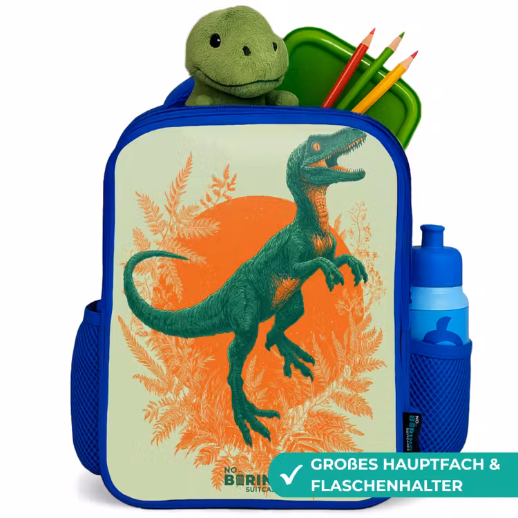 Groene dino tussen varens Kinderrugzak - Blauw middel -inhoud_DE