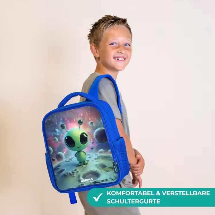 Groen buitenaards wezentje op maanlandschap Kinderrugzak - Blauw middel -sfeer3_DE
