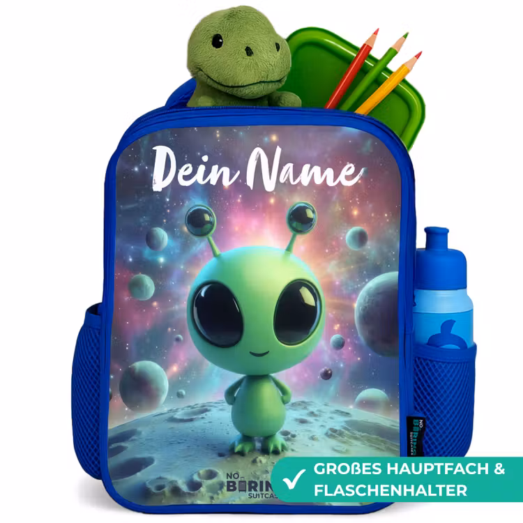 Groen buitenaards wezentje op maanlandschap Kinderrugzak - Blauw middel -inhoud_DE