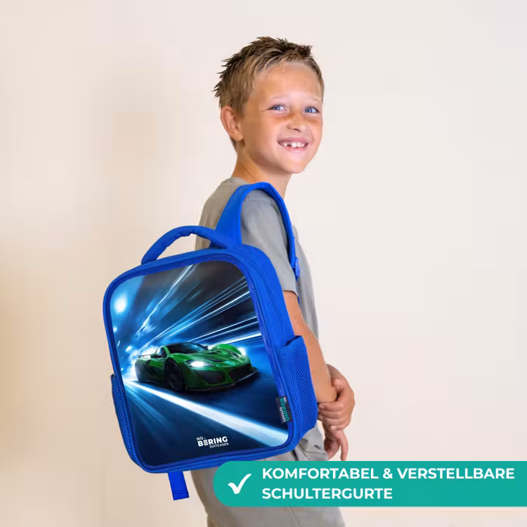 Groene supercar flitst door neonlicht Kinderrugzak - Blauw middel -sfeer3_DE