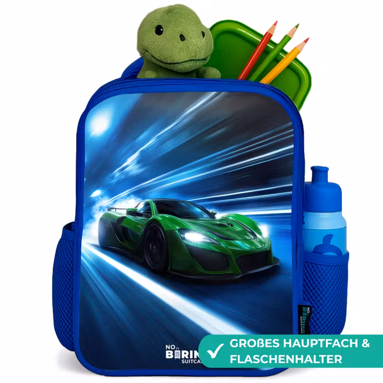 Groene supercar flitst door neonlicht Kinderrugzak - Blauw middel -inhoud_DE
