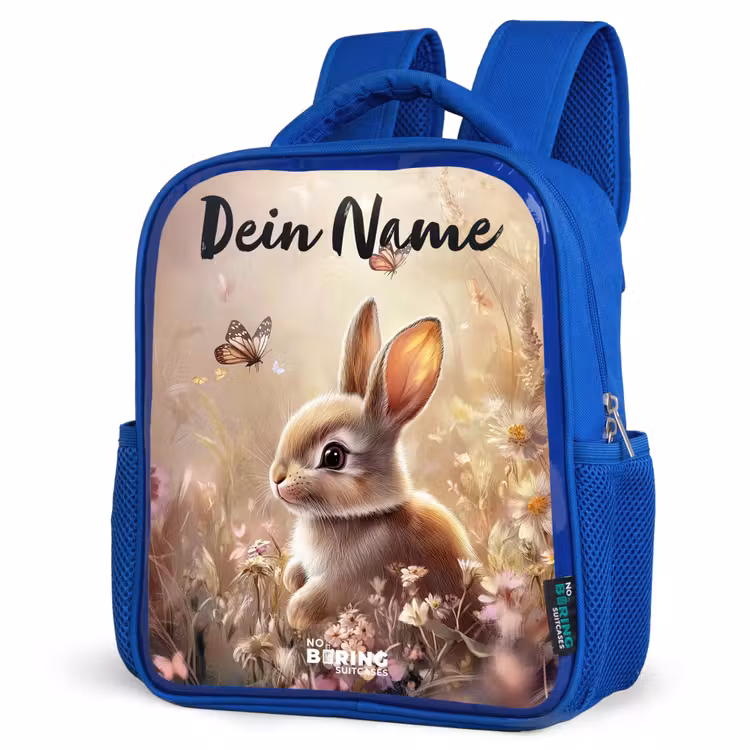 Konijntje - Bruin - Bloemen - Vlinders Kinderrugzak - Blauw middel -schuin