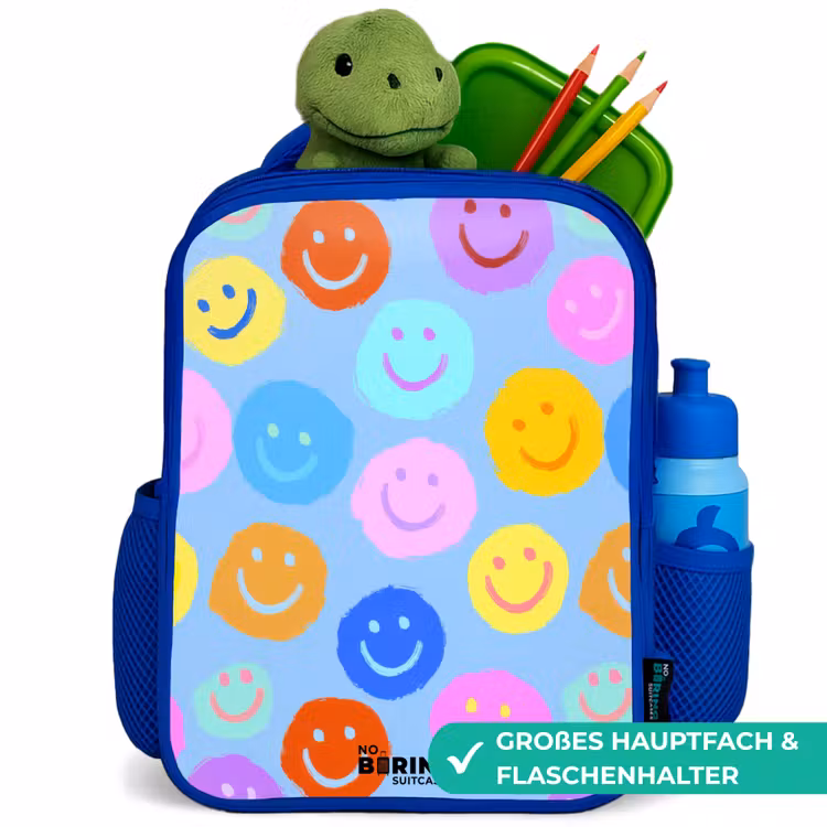 Vrolijk patroon van smileys Kinderrugzak - Blauw middel -inhoud_DE