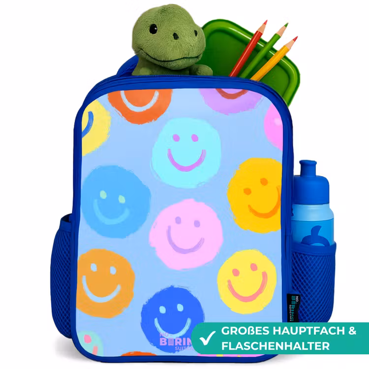 Vrolijk patroon van smileys Kinderrugzak - Blauw middel -inhoud_DE