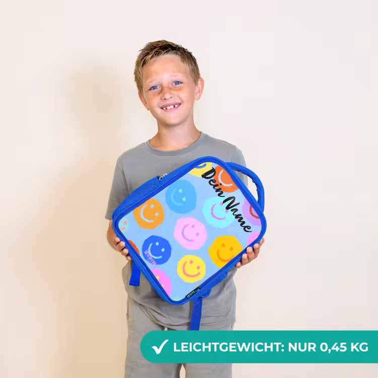 Vrolijk patroon van smileys Kinderrugzak - Blauw middel -sfeer1_DE