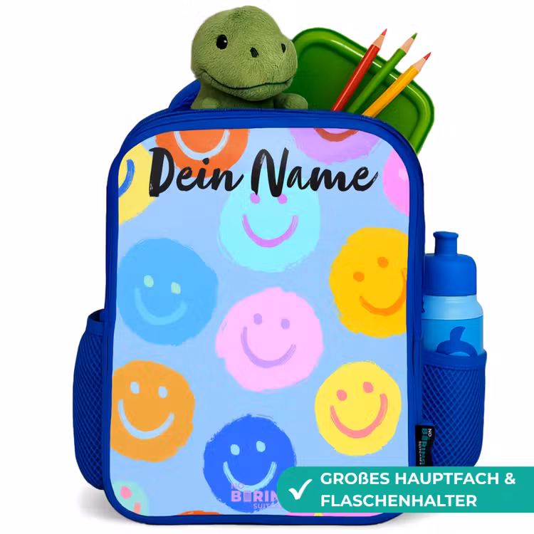 Vrolijk patroon van smileys Kinderrugzak - Blauw middel -inhoud_DE