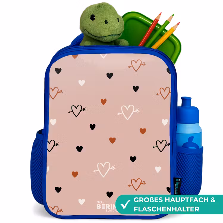 Hartjes met pijlen in zwart, wit en roze Kinderrugzak - Blauw middel -inhoud_DE