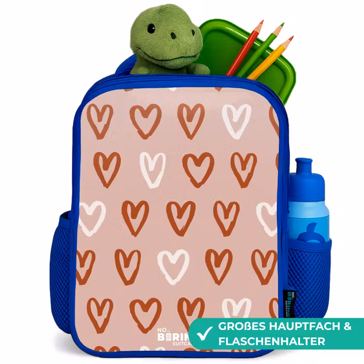 Hartjes patroon in roze en wit Kinderrugzak - Blauw middel -inhoud_DE