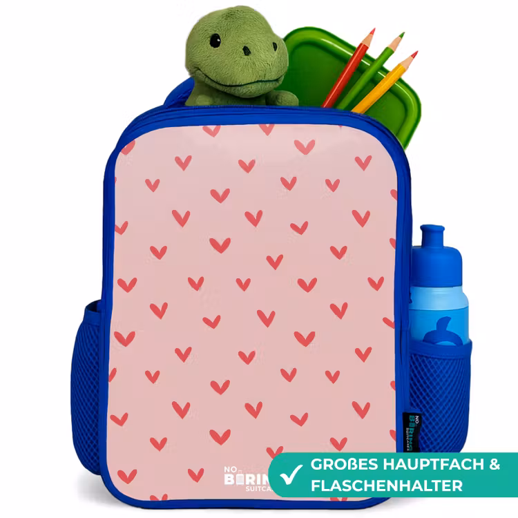 Hartjespatroon met roze kleuren Kinderrugzak - Blauw middel -inhoud_DE