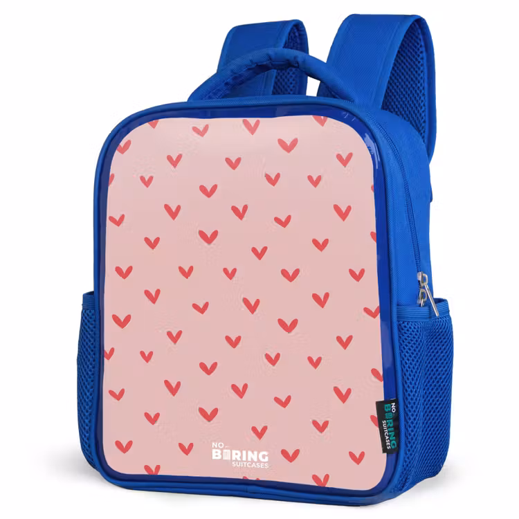 Hartjespatroon met roze kleuren Kinderrugzak - Blauw middel -schuin