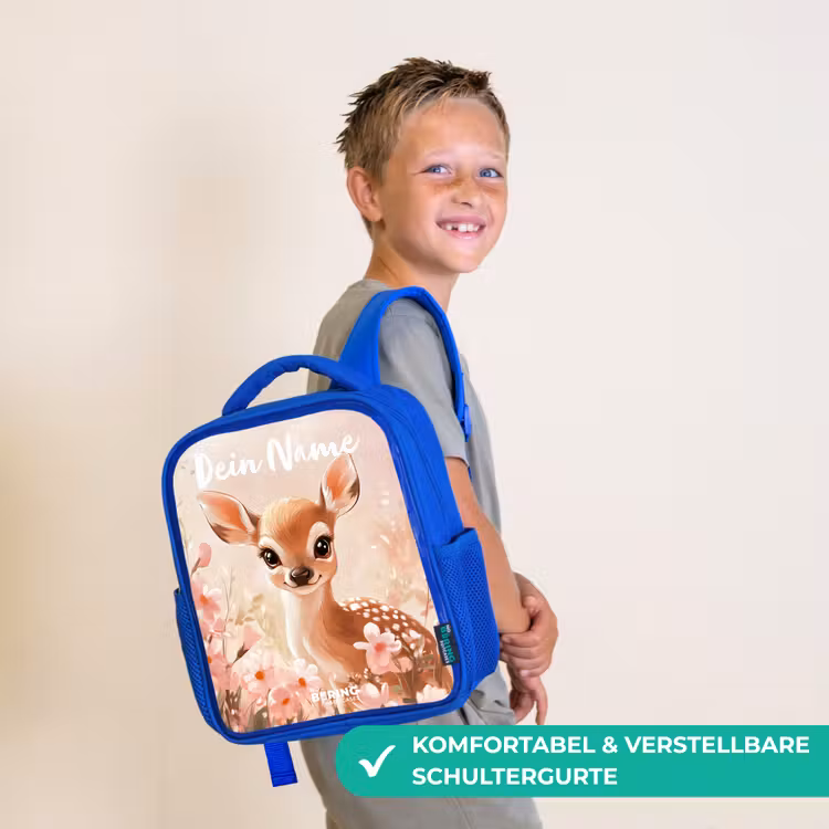 Hertje - Bloemen - Stippen - Roze Kinderrugzak - Blauw middel -sfeer3_DE