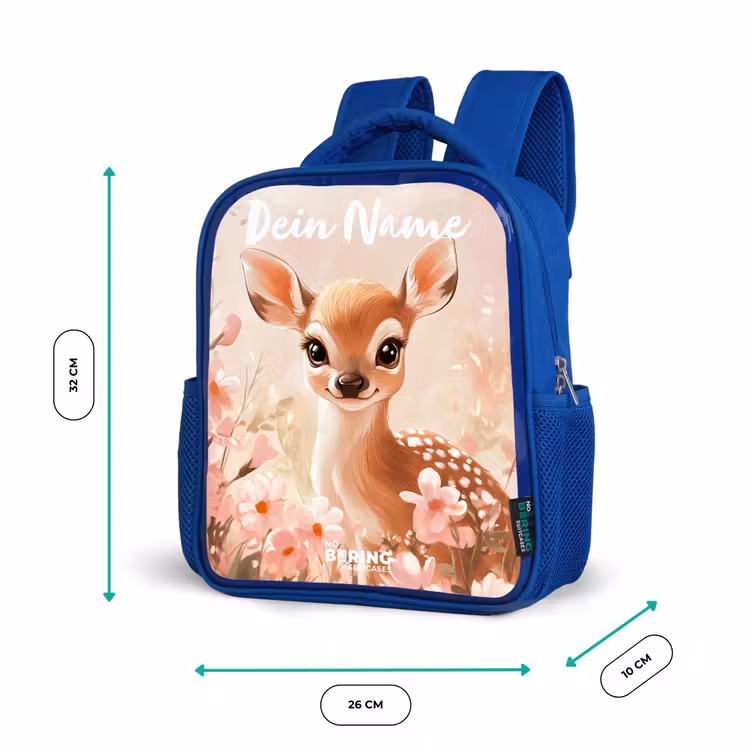 Hertje - Bloemen - Stippen - Roze Kinderrugzak - Blauw middel -productfoto_formaten