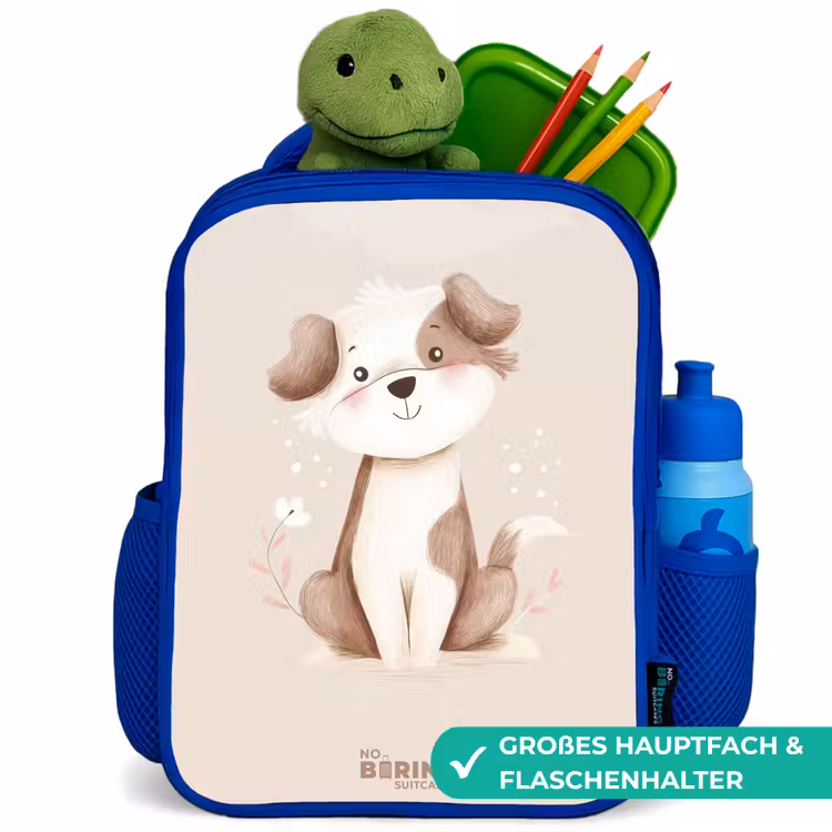 Hond in de kleuren bruin en beige Kinderrugzak - Blauw middel -inhoud_DE
