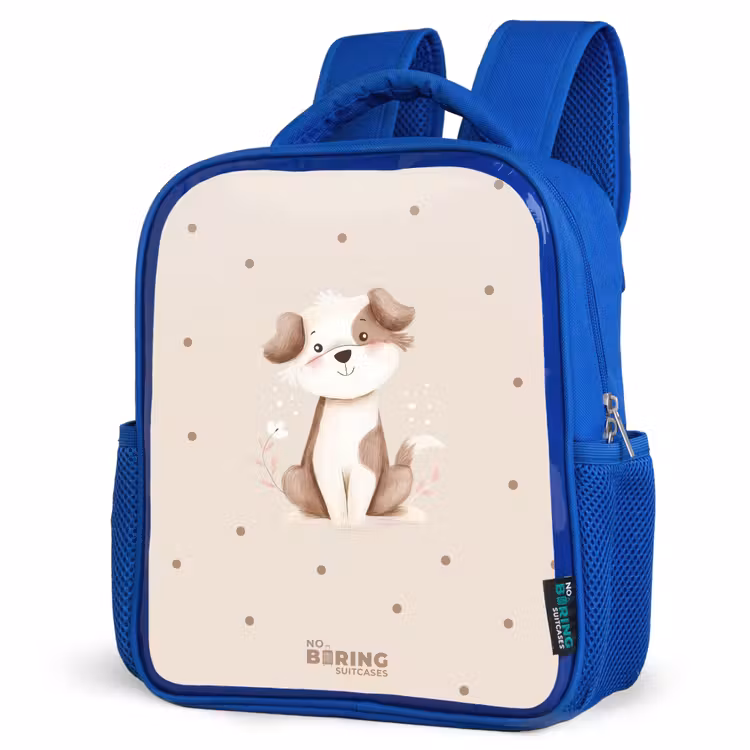 Honden pup omringd door bruine stippen Kinderrugzak - Blauw middel -schuin