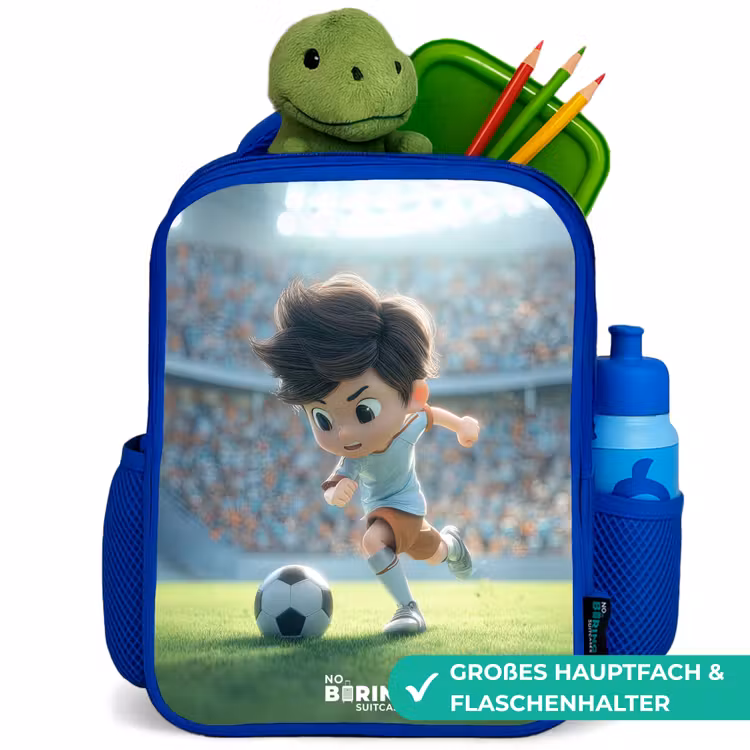 Jongen - Voetbal - Stadion - Zonlicht Kinderrugzak - Blauw middel -inhoud_DE